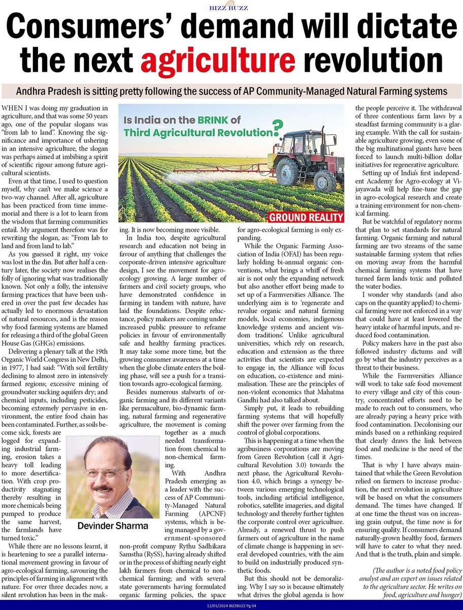 Devinder_Sharma's tweet photo. The next revolution in agriculture will be driven by consumers. If you still happen to get unhealthy food in future, blame yourself. It means you as consumer have failed to demand and get safe and healthy food. My article. #BizzBuzz https://t.co/5aC4I3sBrO