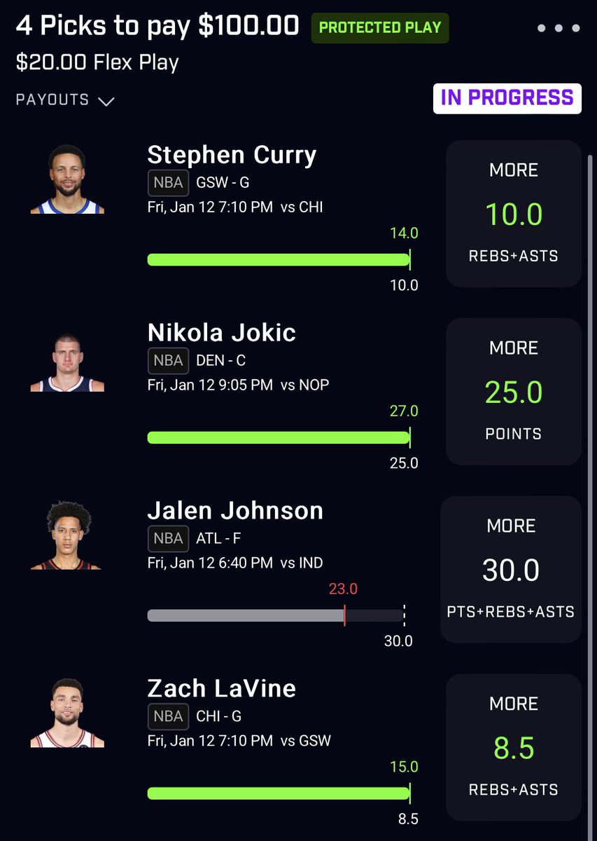 Kappila1337's tweet photo. Update on the night:

1st flex only misses by 1 due to the hawks getting blown out. Backup flex ❌

Curry O 10 RA ✅
Jokic O 25 pts ✅
Zach lavine O 8.5 RA ✅
Cj O 8.5 RA ✅
Jalen Johnson O PRA ❌

Solid day, without the blowout I think we cash easy.

#PrizePicks #PrizePicksNBA https://t.co/lzEu097Veh