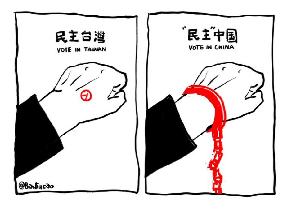 melissakchan's tweet photo. What citizen action gets you, Taiwan v. China, in a single powerful visual by @badiucao: https://t.co/rfThFPru0R