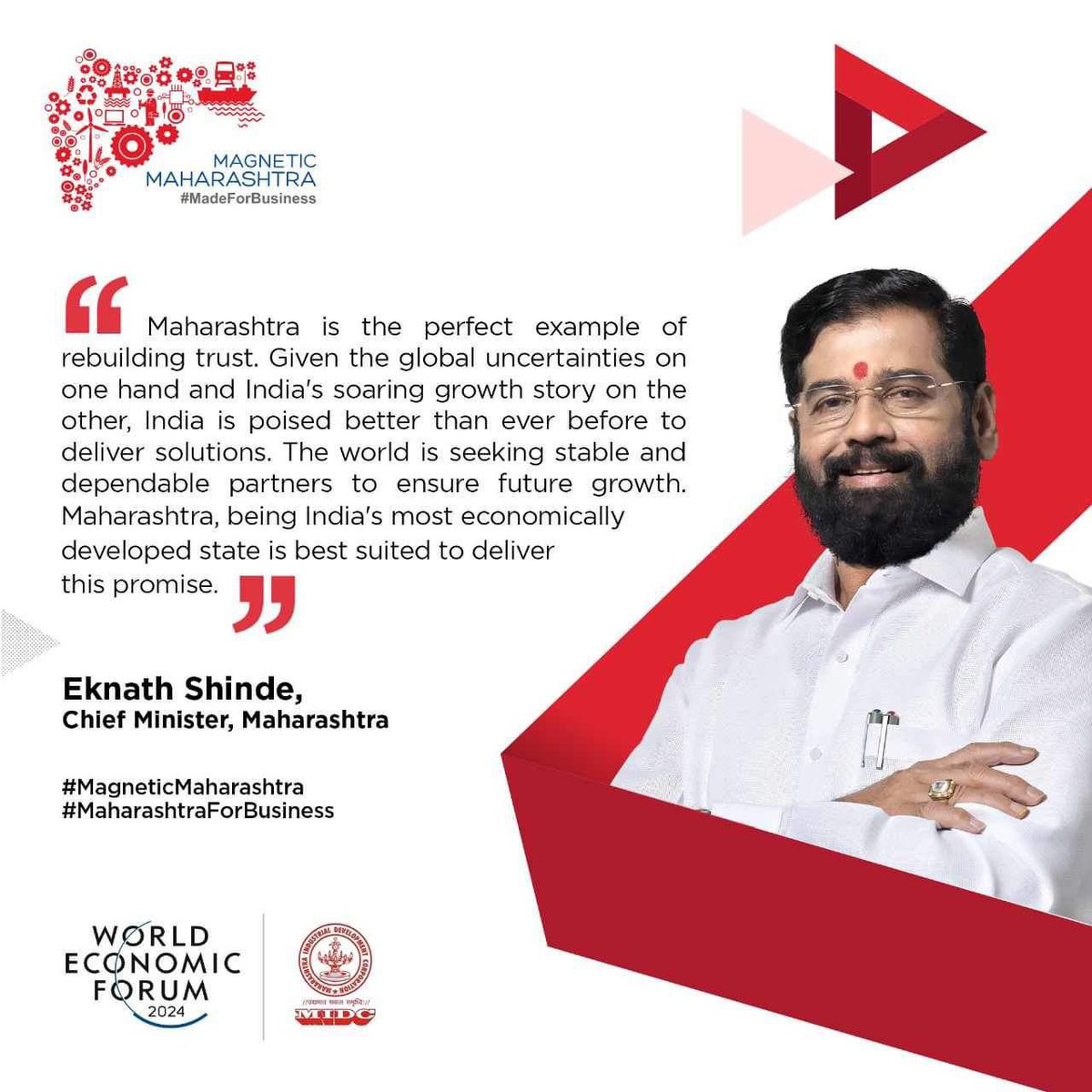 mieknathshinde's tweet image. I see Maharashtra not just adapting but setting the pace for economic resilience. Amidst global flux, our state stands as a testament to what trust and progress can achieve together. 

At DAVOS, I&apos;m here to share our story — Maharashtra&apos;s journey to becoming the cornerstone for…