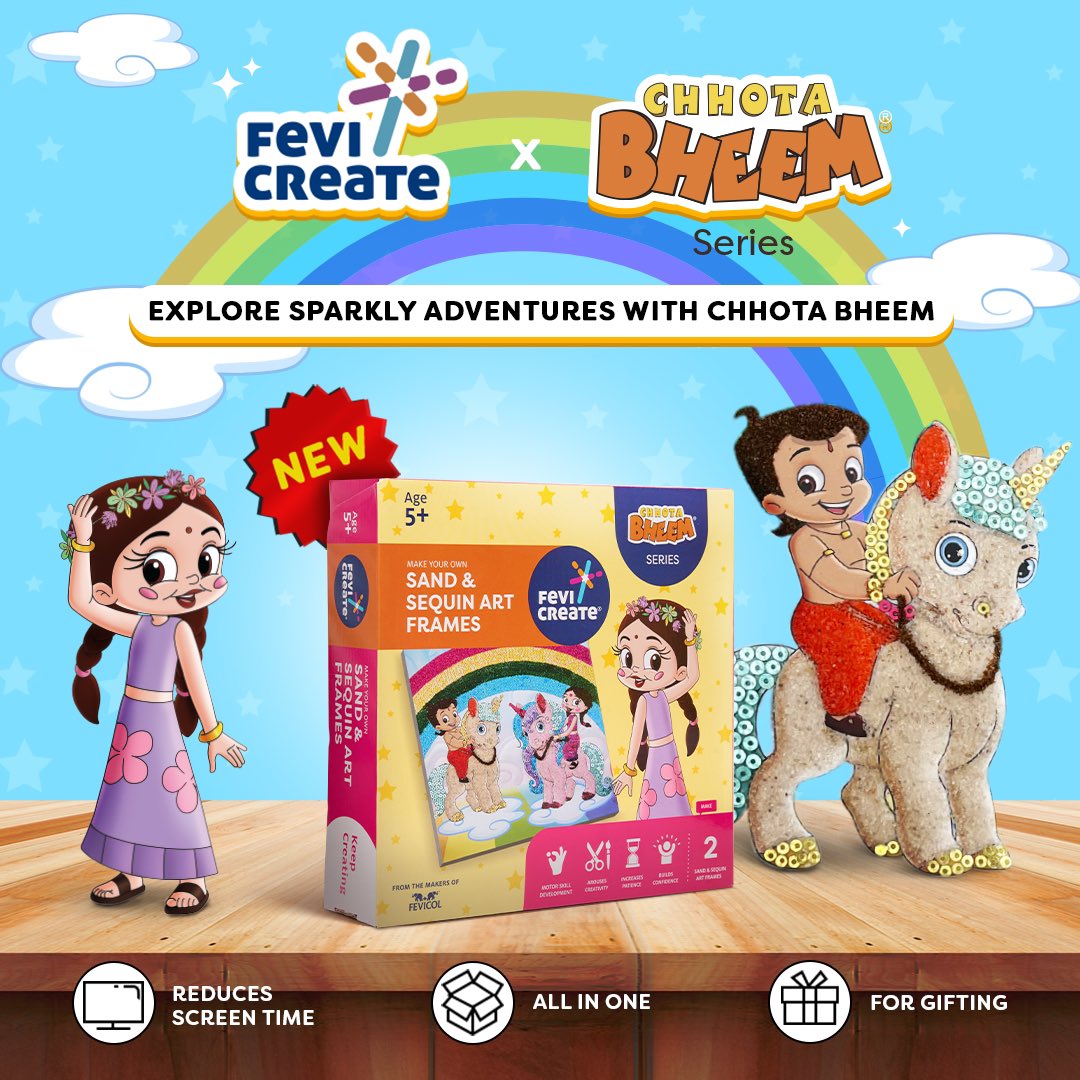 Give Chhota Bheem &amp; Chutki a sparkling makeover with Fevicreate Sand &amp; Sequin Art Kit!​

Everything needed to complete the artwork is included in the kit, making it easy for your little one to create! ​

Now available on Amazon.​
​
#FevicreateChhotaBheemKits #ChhotaBheem