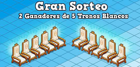 🎉Gran Sorteo de Tronos Blancos🎉
Serán 2⃣ ganadores de 5 tronos cada uno👈

Requisitos👇
1⃣Seguirme + Seguir a @4marcphabbo 
2⃣Dar RT
3⃣Menciona a la persona que te gustaria ver sentada en este trono

Finaliza el 20 de Enero⌛️
¡Mucha suerte!☘️
