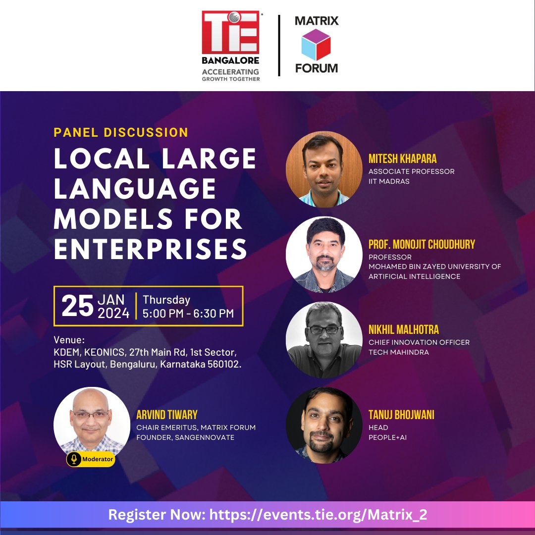 Join us on 25th Jan for an engaging panel discussion on "Local Large Language Models for Enterprises." Explore insights into the application of LLMs for Non-English media and discover valuable use cases.

Secure your spot and register now at events.tie.org/Matrix_2.

#LLM #Tech