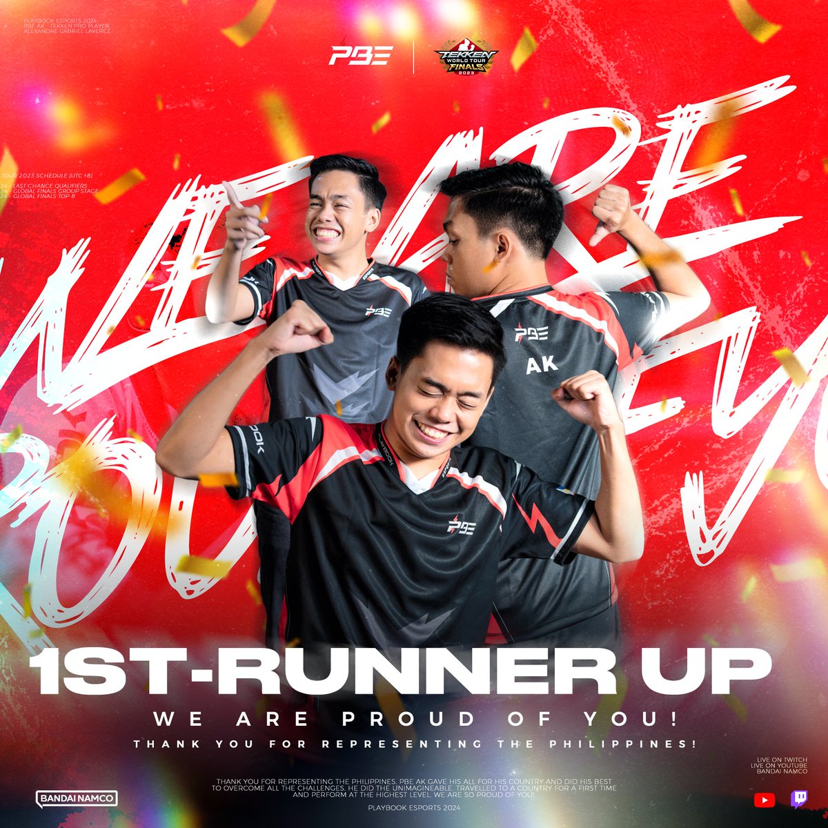 PlayBookEsports's tweet photo. WE ARE PROUD OF YOU!
Thank you for representing the Philippines, @PBE_AK! All of us couldn't be more proud of the accomplishment you've achieved. Traveling to a country for the first time and performing to the highest level.
#FightForPBE
#PlayBookEsports
#TWT2023
#Tekken7 https://t.co/OUflFuevKy