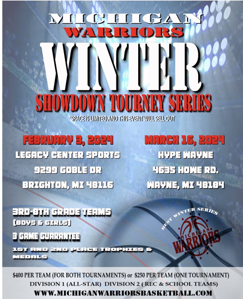 Get your aau boys and girls basketball teams signed up for the Winter Showdown. 3rd-8th grade divisions. Only a few spots left. 

michiganwarriorsbasketball.com/tournaments/
