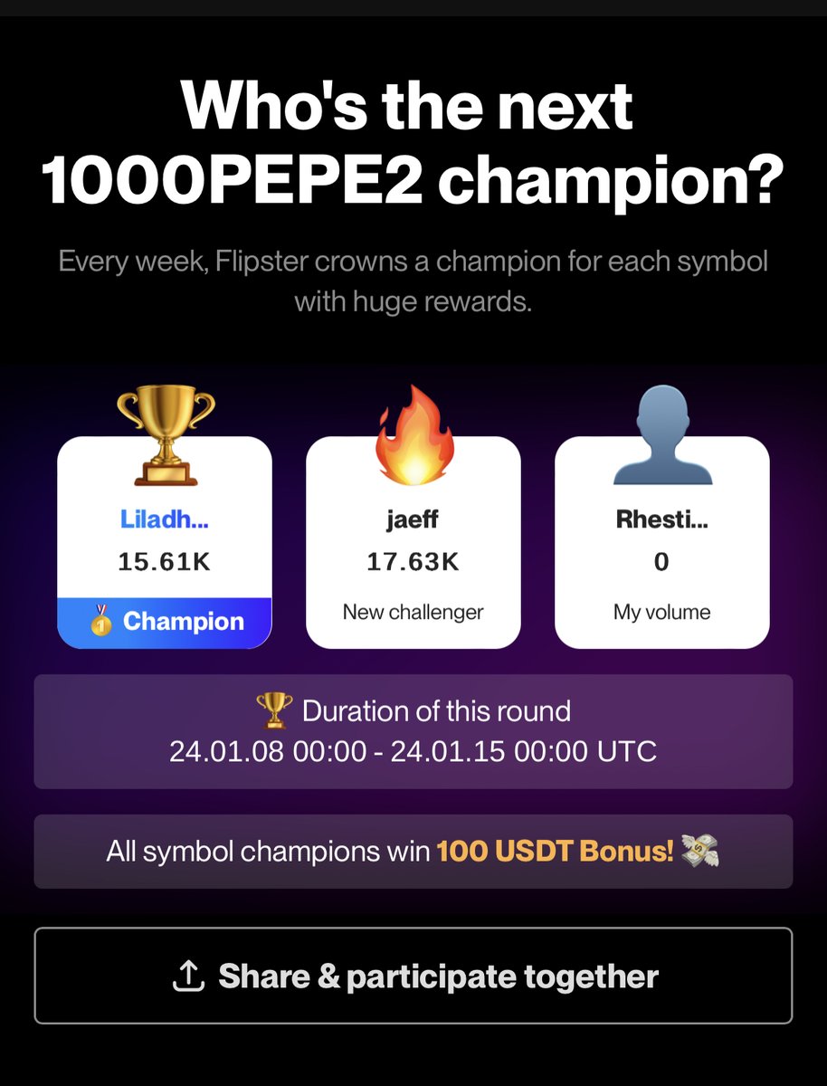👑 Want to be the next #PEPE2 symbol champion? <a href="/pepe2coineth/">Pepe 2.0 #PEPE2</a> 

Earn huge rewards &amp; win up to 100 $USDT. Head to the Flipster app now! 📲🚀

✅ Follow <a href="/FlipsterXYZ/">Flipster</a>
❤️ Like &amp; 🔄 Retweet
➡️ Tag a friend in the comments
