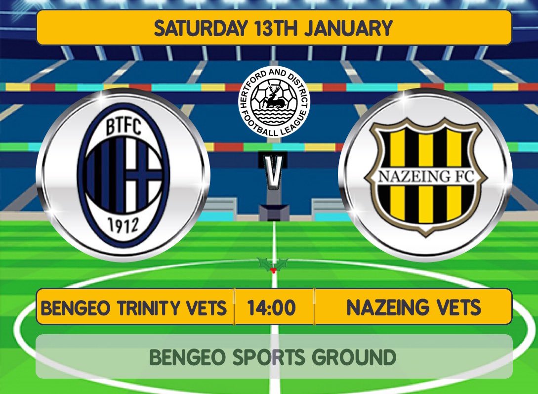 Vets Team Matchday! 
⚽️ Hertford and District Football League, Vets Division
🆚 Nazeing Vets (H)
🕒 2:00pm KO
📍Bengeo Sports Ground, Boundary Drive, Bengeo, SG14 3JG
Come on down and support the lads!