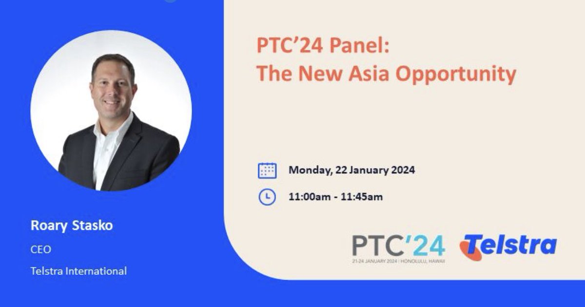 Interested in exploring the complex APAC landscape and the future of digital infrastructure within the region? Telstra International CEO Roary Stasko will be a featured speaker on The New Asia Opportunity panel on Monday, Jan 22, at #PTC24. 

Click here: ow.ly/jipT50QkKtM
