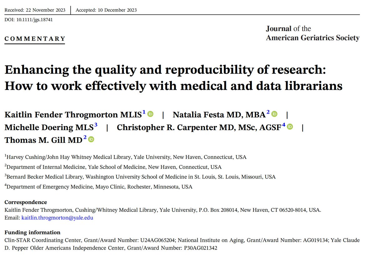 Another important contribution from @ClinSTARCC (clin-star.org): “To enhance the quality and reproducibility of aging research, clinician investigators should consider collaborating with librarians.”