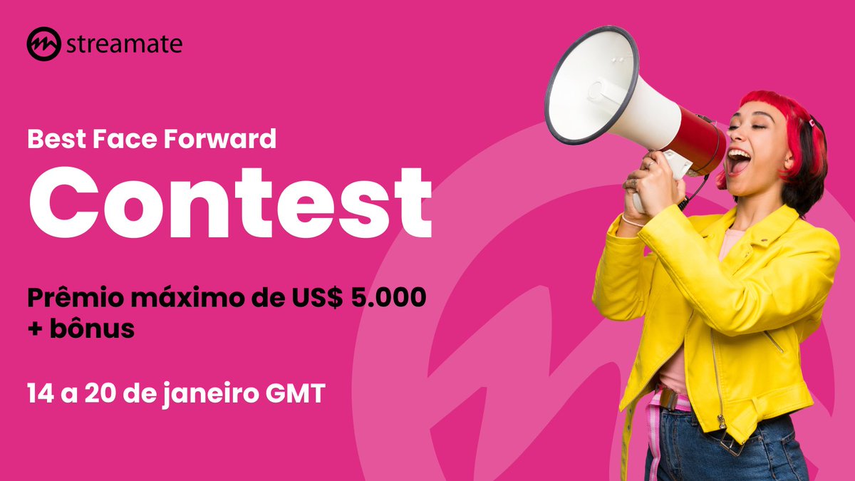 StreamateBrazil's tweet image. Prepare-se para o "Best Face Forward Contest" de 14 a 20 de janeiro! 500 vencedores, prêmio máximo de US$ 5.000. Bonus de US$ 25, US$ 50 ou US$ 100! O que importa são os seus 3 melhores dias! Que comecem os jogos! 🚀💃 #BestFaceForward #WinBig #TopPrize #BonusBonanza