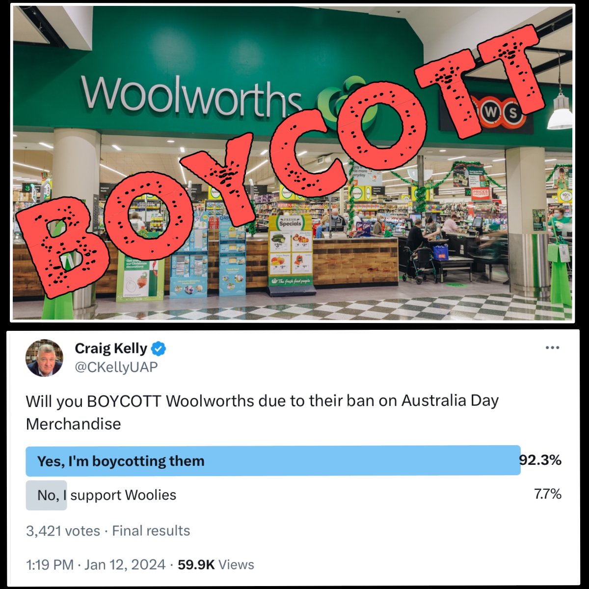 craigkellyAFEE's tweet image. X Poll : 92.3% confirm they will be boycotting Woolworths.

Total 3,421 votes. 

And over on Telegram, it’s 2,350 votes with 98% confirming they will be boycotting Woolworths.