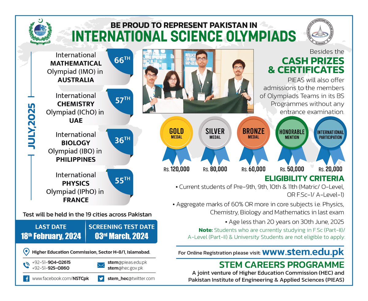 hecpkofficial's tweet photo. An opportunity for students to represent Pakistan on international level &amp; get a chance to win cash prizes of upto Rs.120K.

HEC &amp; PIEAS bring a chance for students to participate in 'International Science Olympiads'.

Details &amp; online application: https://t.co/2Ku0M02X1S https://t.co/6FTaA6qnKv