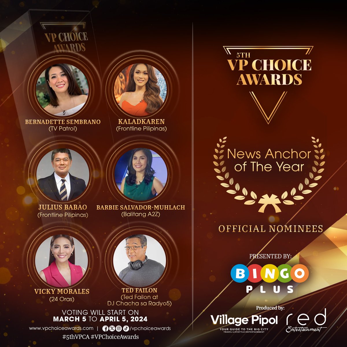 vpchoiceawards's tweet photo. Here are the #5thVPChoiceAwards official nominees for 🏆News Anchor of the Year ✨

Pipol, you have the power to choose this year's winner! Voting will open on March 5 to April 5, 2024. For more details, visit: https://t.co/1amPebmnRd 
#5thVPCANomineesReveal #5thVPCA https://t.co/TqkhXU5I2m