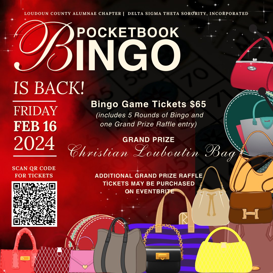 Don't miss your chance to win a designer handbag.

✨️Grand Prize: Christian Louboutin Bag💃🏽

Proceeds go towards scholarships & programs for students in Loudoun County. Scan QR Code/FB Events

#virtualbingo
#partywithapurpose
#lcacbingo
#lcacdst
#sarevents