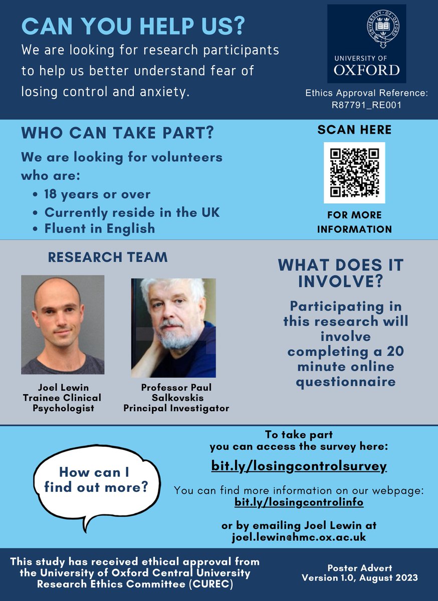 Hey everyone, I need your help! @psalkovskis and I are still looking for volunteers to participate in this 20-min online study exploring fear of losing control and anxiety. You can participate here bit.ly/losingcontrols…. Thanks!