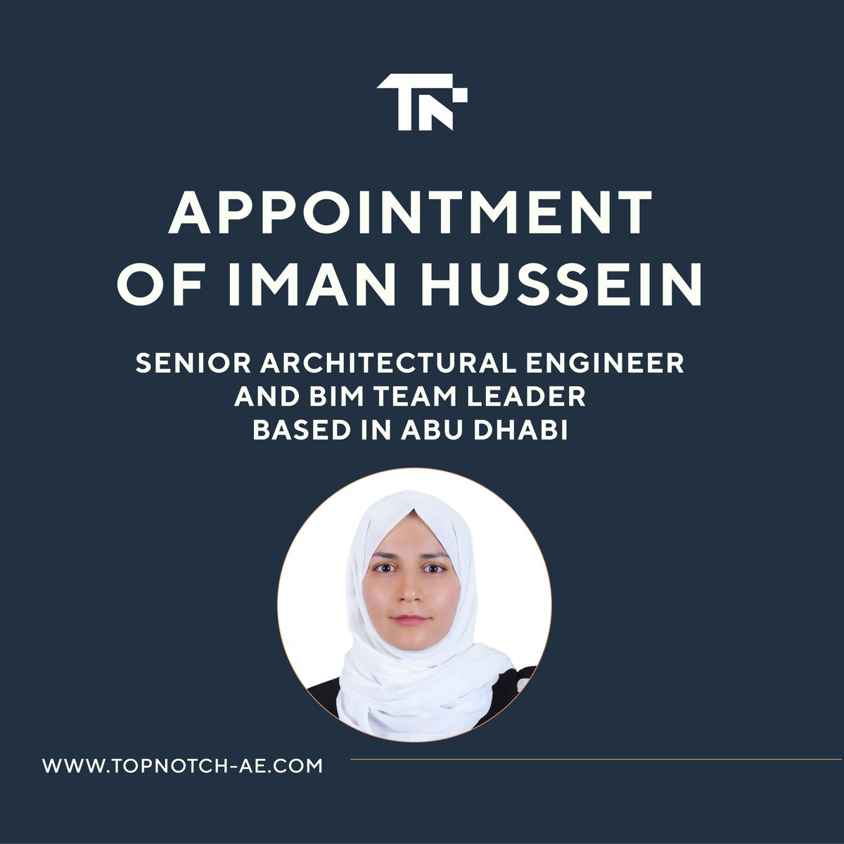 TopNotch_Eng's tweet photo. We are thrilled to announce the appointment of Iman Hussein who will assume the role of Senior #ArchitecturalEngineer. Iman will also play a pivotal role as the #BIM Team Leader, further enhancing our BIM capabilities #newjoiner #architecture #UAE #middleeast #GCC https://t.co/JJrWzhvwTq