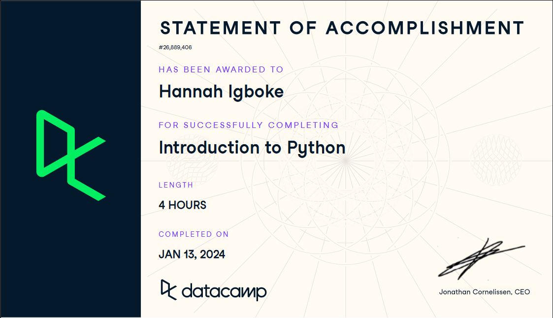 IgbokeHannah's tweet photo. Day 73✍️
I just completed "Introduction to Python" by @DataCamp. In this course, I was introduced to python data types and objects as well as the Numpy package for arrays and numerical analysis.
#Pythonista
#consistencyprojectwithWiDA https://t.co/vMTyDar6Vb