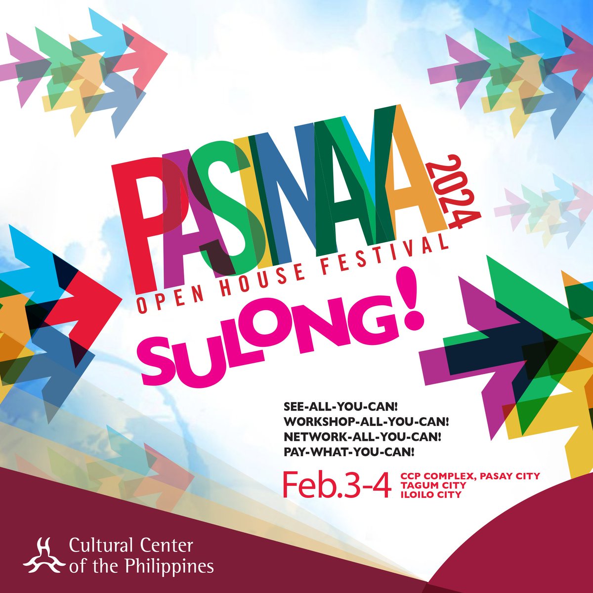 Humanda nang makisaya at maki-sining dahil imbitado ka sa #CCPPasinaya2024! 

Abangan ang Palabas, Palihan, Palitan, Paseo Museo at Pamilihan ngayong Pebrero 3-4 na gaganapin sa Cultural Center of the Philippines Complex, Tagum City at Iloilo City! Kitakits!

#CulturalCenterPH