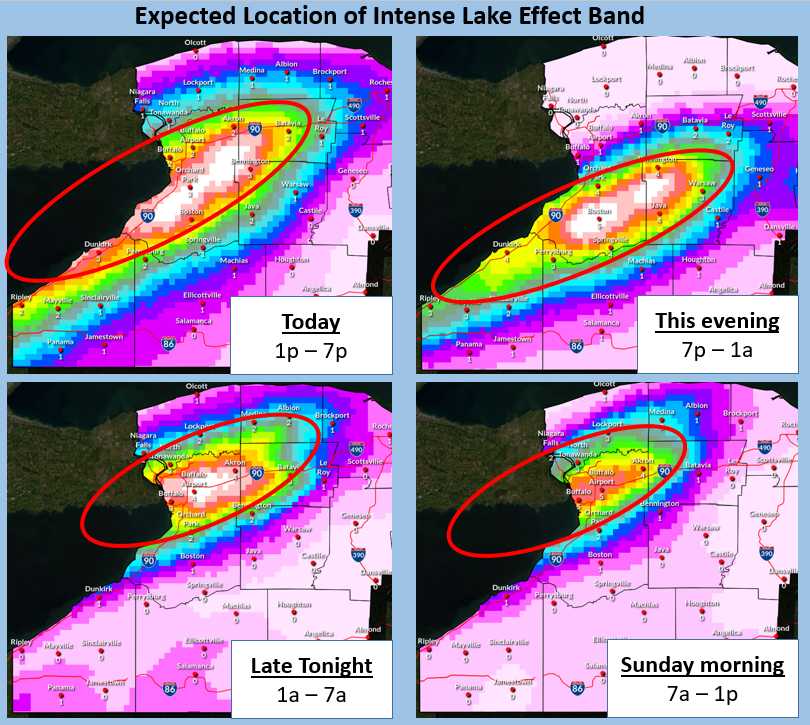 NWSBUFFALO's tweet photo. Lake effect snow will develop today and last into Monday, accumulating 1-2 feet northeast of the lakes. Snow bands will oscillate, impacting different locations at different times. Near zero visibility in snow and blowing snow will make travel extremely difficult in snow bands. https://t.co/WL1IRdLy6j