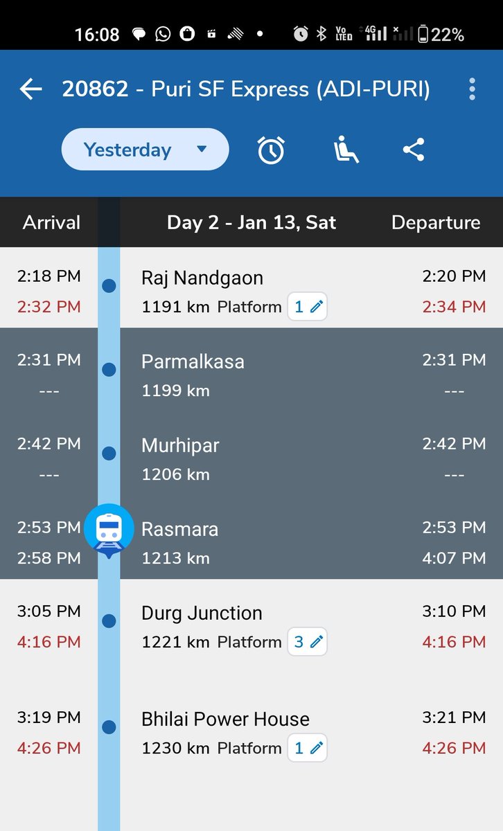 thinkingun's tweet photo. @SCRailwayIndia Railways should track running timing of Trains more rigorously how can a train remain stand at any station for more than 1 hour...20862 reached  rasmara 1 hour before and still standing their and we are waiting for it at Raipur since 1 hour.... https://t.co/SmA56ITzOo