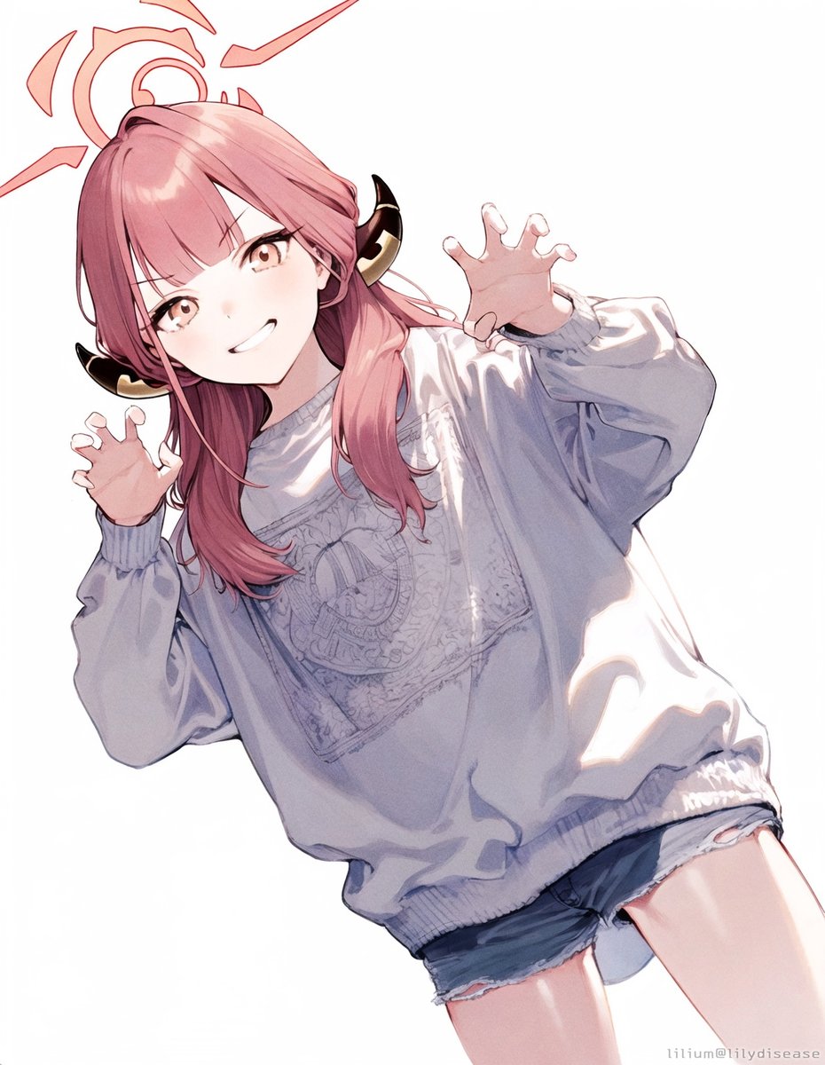 aru (blue archive) 1girl halo horns solo sweater shorts long hair  illustration images