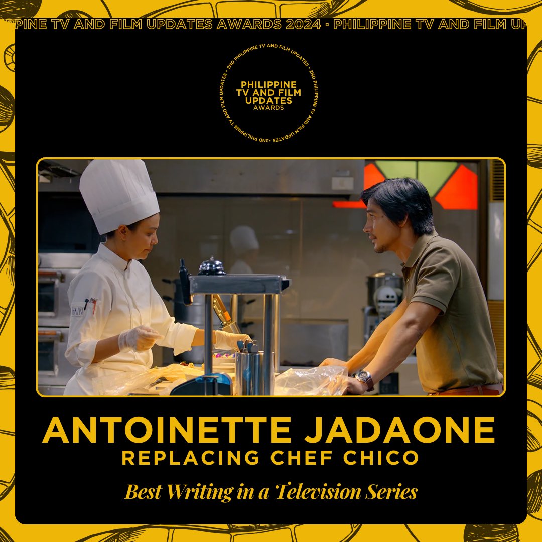 phtvandfilmupd's tweet photo. #PhilippineTVAndFilmUpdatesAwards 

BEST WRITING IN A TELEVISION SERIES

Winner: Antoinette Jadaone, ‘Replacing Chef Chico’ (@tonetjadaone) https://t.co/Ga0m5IMvE6