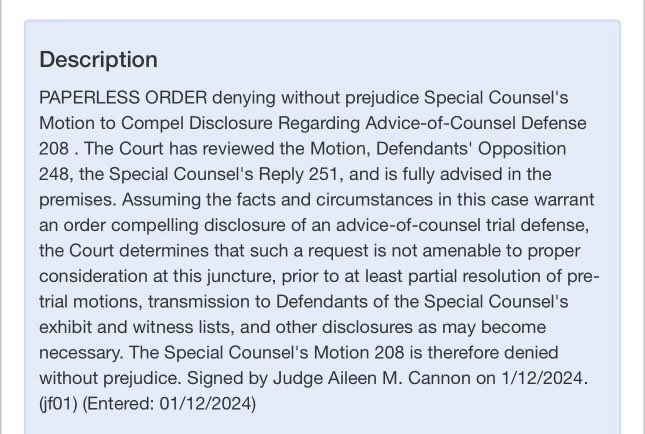 In the Mar-a-Lago case, Judge Cannon has just refused to enforce a routine deadline & it's entirely clear she has no intention of letting this case go to trial before the election or possibly ever.