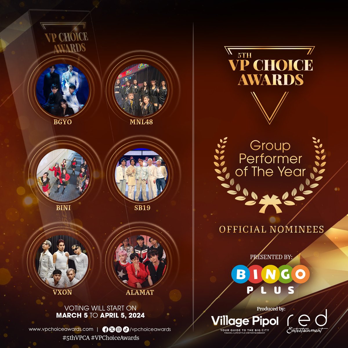 vpchoiceawards's tweet photo. Here are the #5thVPChoiceAwards official nominees for 🏆Group Performer of the Year ✨

Pipol, you have the power to choose this year's winner! Voting will open on March 5 to April 5, 2024. For more details, visit: https://t.co/1amPebmnRd #5thVPCANomineesReveal #5thVPCA https://t.co/yr01sW7qsj