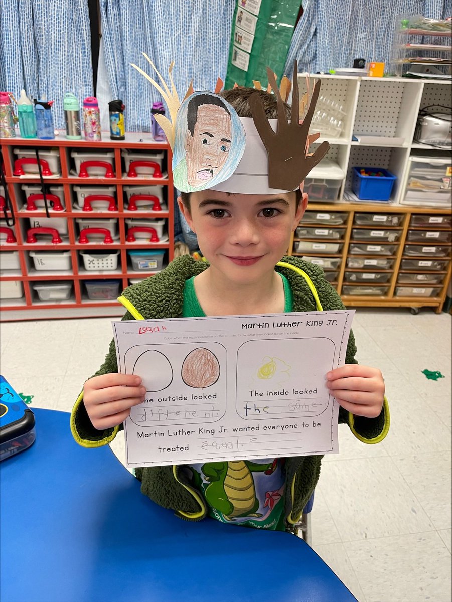 Ss in Mrs. Wright’s K class learned that humans may look different on the outside but are the same on the inside. Ss observed different types of eggs to illustrate this, learned about MLKs dream, directed drawing, & made Birthday crowns that featured everyone holding hands.