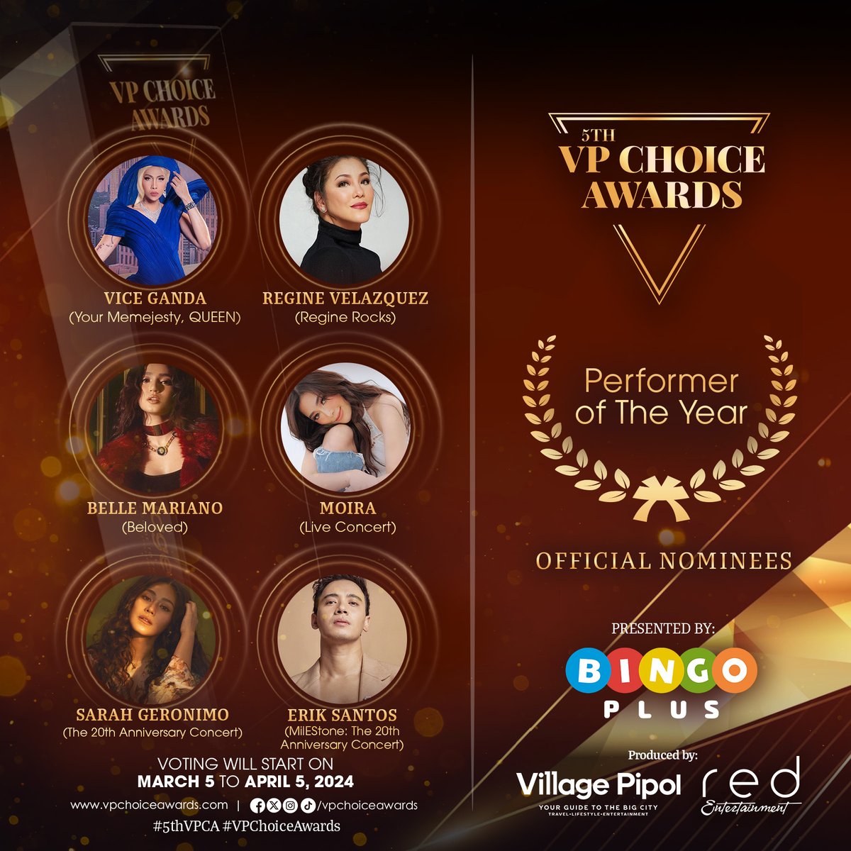vpchoiceawards's tweet photo. Here are the #5thVPChoiceAwards official nominees for 🏆Performer of the Year ✨

Pipol, you have the power to choose this year's winner! Voting will open on March 5 to April 5, 2024. For more details, visit: https://t.co/1amPebmnRd #5thVPCANomineesReveal #5thVPCA #VPChoiceAwards https://t.co/T9Rj53jcbD