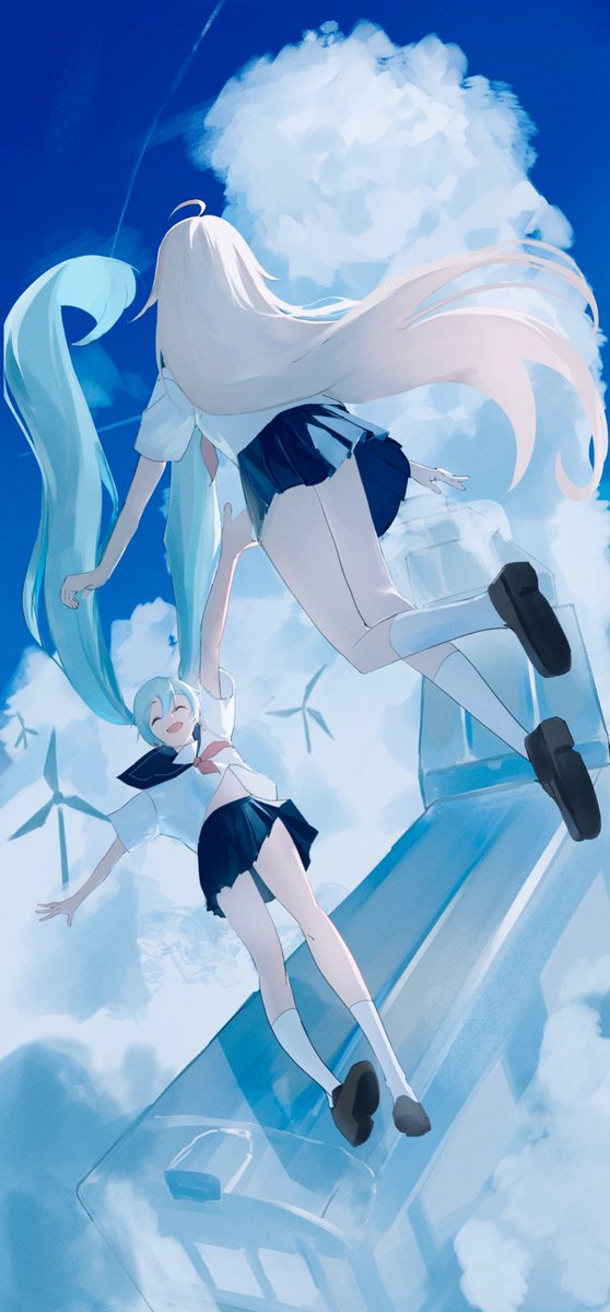 hatsune miku multiple girls 2girls long hair skirt school uniform sky socks  illustration images