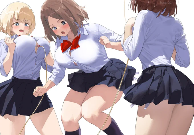 縄をおっぱいの谷間に挟んで縄跳びする女子達のイラスト 大乳跳び 