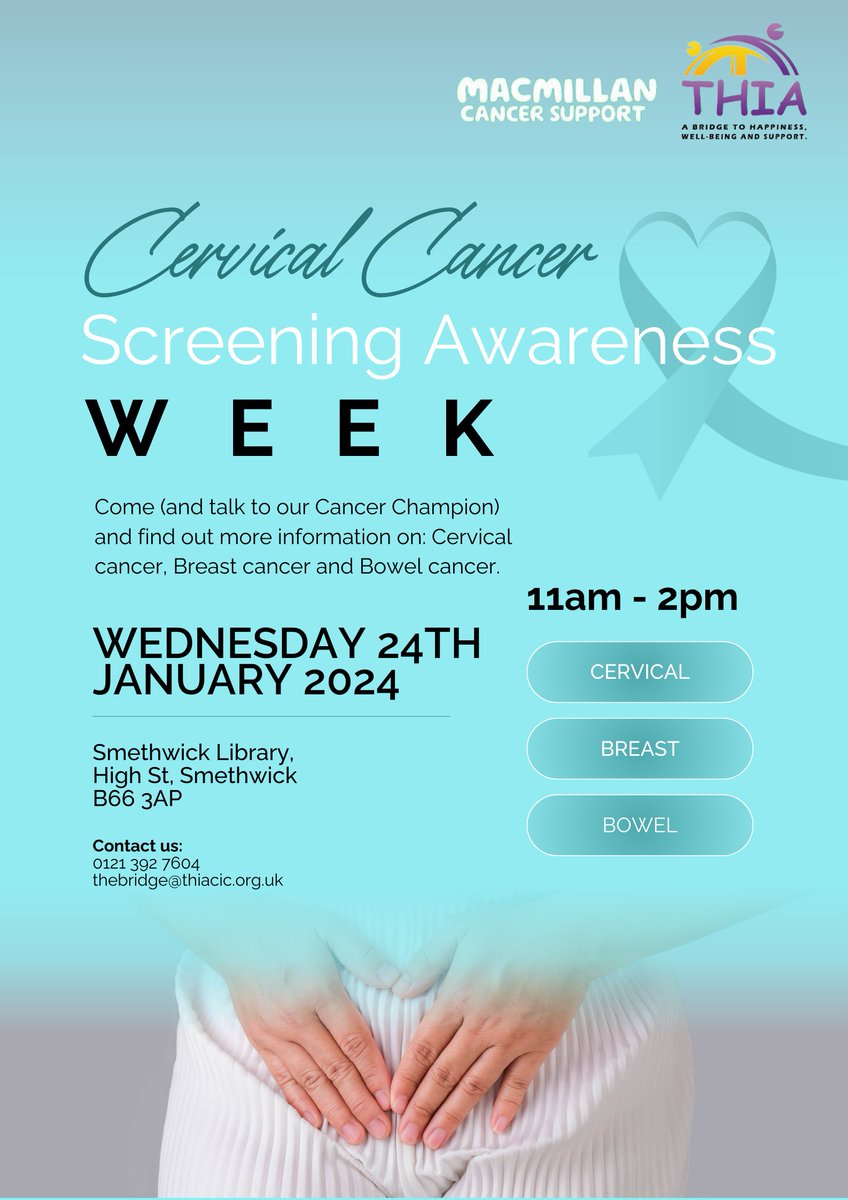 ThiaCic's tweet photo. Empower your health! Join us on Cervical Cancer Screening Week at Smethwick Library on January 24. Learn about early detection through Pap smears and HPV tests, reducing mortality rates. Seize this chance for knowledge and support.#cervicalcancer #health @macmillancancer @misskff https://t.co/um3Z1lvjvZ