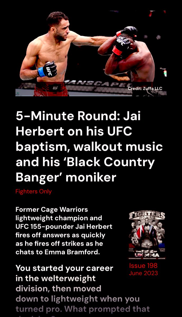 Today we follow British UFC fighter @jaiherbert2 in a quick fire interview, conducted by @EmmaBramford covering his career in the UFC. 
Find this article on @FightersOnly by subscribing to their magazine.
#UFC #FightersOnly #5RWEmma #MMATwitter