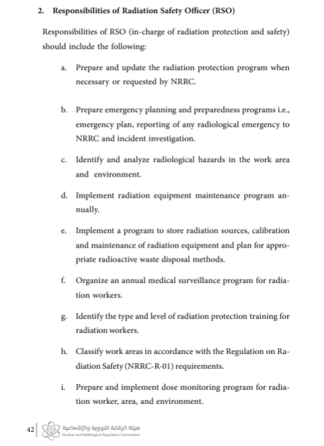 عزيزي مسؤول الحماية من الإشعاع RSO في المملكة العربية السعودية:
حسب لوائح  <a href="/SaudiNRRC/">هيئة الرقابة النووية والإشعاعية</a>، أنت مسؤول عن 21 مهمة 
التفاصيل في اللائحة NRRC-SG-020
<a href="/m3ayrh/">منصة مُعايرة | معرفة وأكثر</a> <a href="/aleneziahmed1/">الـفيزياء الطبيـة☢</a>