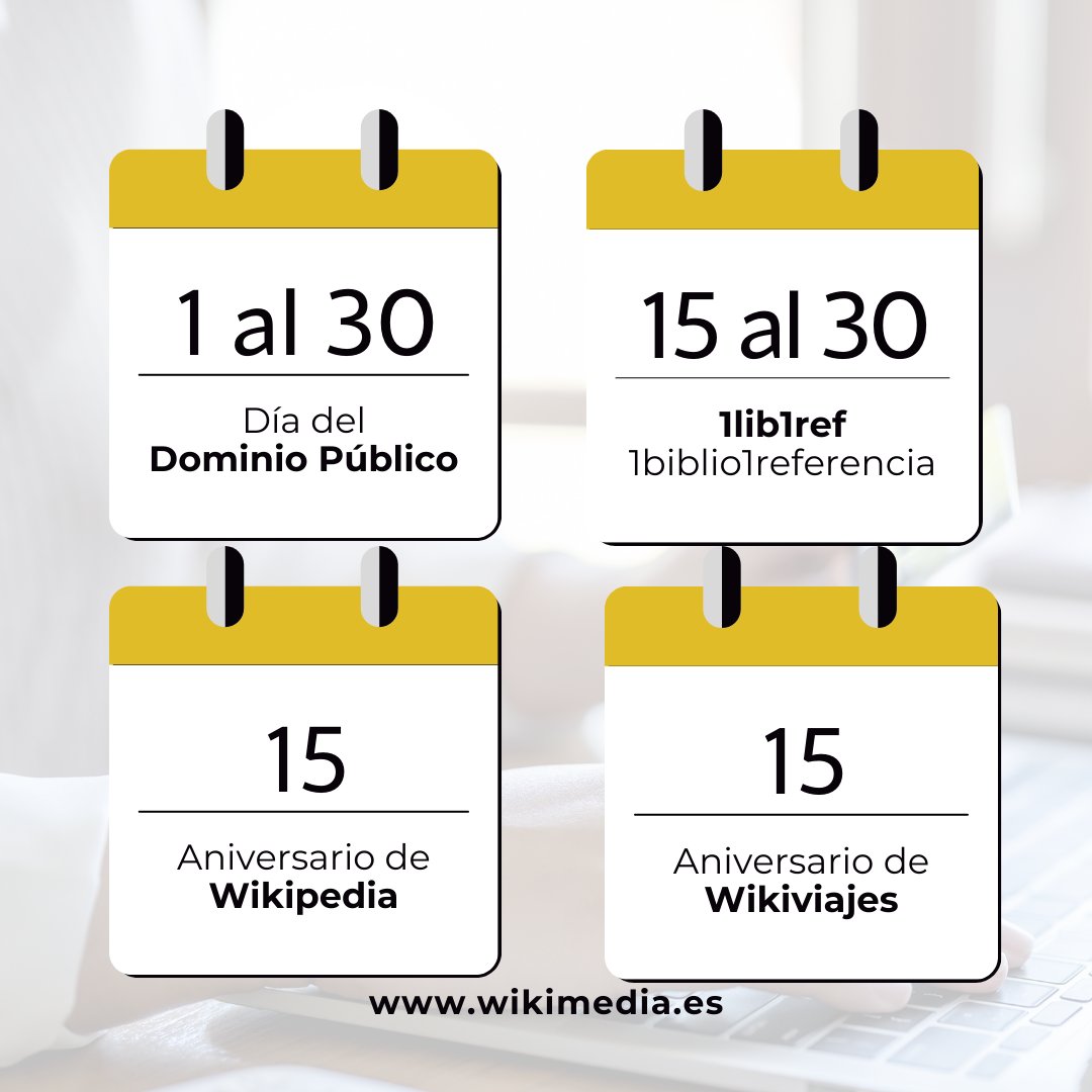 wikimedia_es's tweet photo. #CalendarioWMES 🗓️No olvides nuestro calendario de #enero 🎉¡Guarda este post ✉️!
📍¡Esta semana!
📌 Seguimos con la edición online #DíaDelDominioPúblico
📌Inicia #1Bib1Ref
📌Aniversarios #Wikipedia y #Wikiviajes.
.
➡️Todos los detalles de lugar y hora, envíanos un mensaje 💬. https://t.co/AHMLS1AVRL