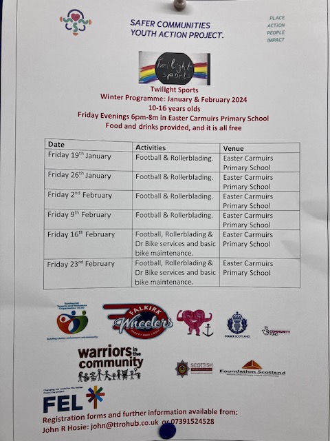 Twilight sports returns this Friday 19th January 6pm-8pm in @EasterCarmuirs Easter Carmuirs Primary School, all free for 10-16 year olds:rollerblading, football and a snack and drink. @falkirkwheelers @carmuirsprimary @FalkHSCommunity @PSOSFalkirk @fire_scot @Thillhub @sfcwitc