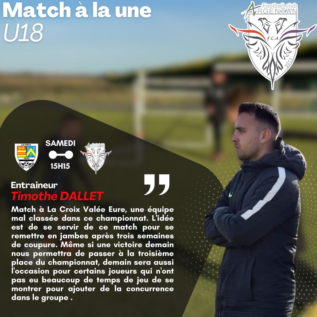⚫️⚪️ Match de Championnat U18A⚫️⚪️

Ce samedi, nos U18A d'Argentan se déplacent pour un match de championnat contre La Croix Valée Eure 

⚽️ FC Argentan U18A vs. La Croix Valée Eure
📅 Ce Samedi!
🕒 Coup d'envoi à 15H15
📍 Déplacement à La Croix Valée Eure

Allez FC Argentan!