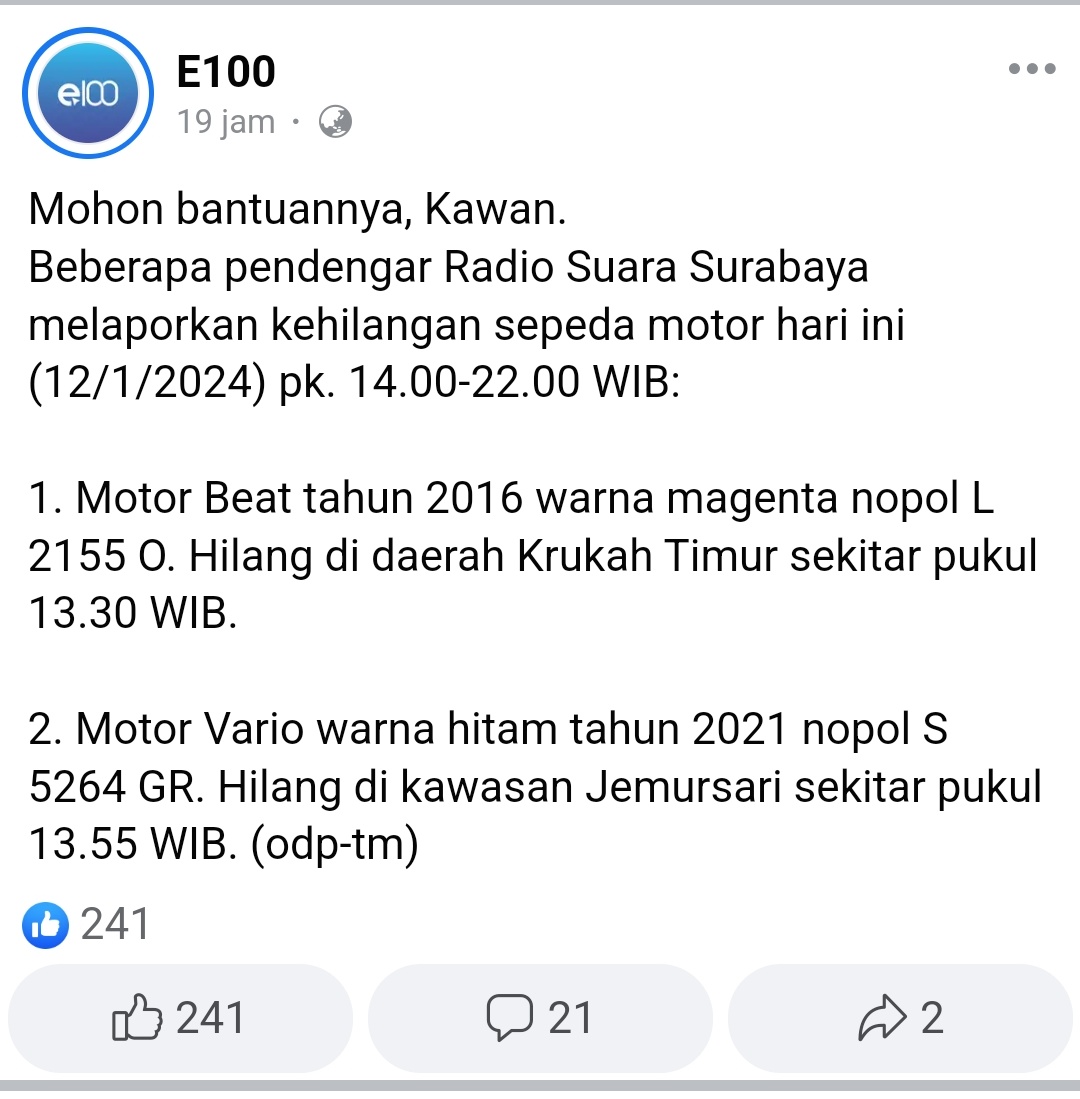 adytiatric's tweet photo. surabaya dan sekitarnya darurat curanmor nih dalam 2 hari hampir 10 kasus, mohon untuk pihak yang berwajib segera menindak lanjuti jaringannya #curanmor #Yemen @PolrestabesSby @poldajatimPJR  @DivHumas_Polri @yanmas_reskrim @e100ss @HumasPoldaJatim https://t.co/pQkv8co4XE