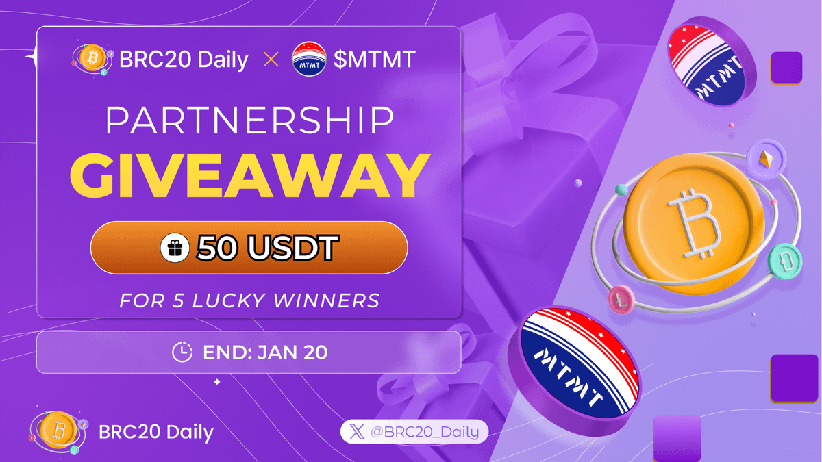 BRC20_Daily's tweet photo. 🎉 PARTNERSHIP GIVEAWAY 🎉

$MTMT - The BRC-20 inscription that sharing traditional Baijiu culture in Web3

🎁 50 USDT for 5 lucky winners

To enter:
✅ Follow @BRC20_Daily & @BTC_MTMT
✅ Like, RT & Tag 3 friends
✅ Submit here: https://t.co/fnoli56VMC

⌛️ End: Jan 20. Good luck!

#BRC20 #Ordinals #Bitcoin $MTMT #giveaway #airdrop
