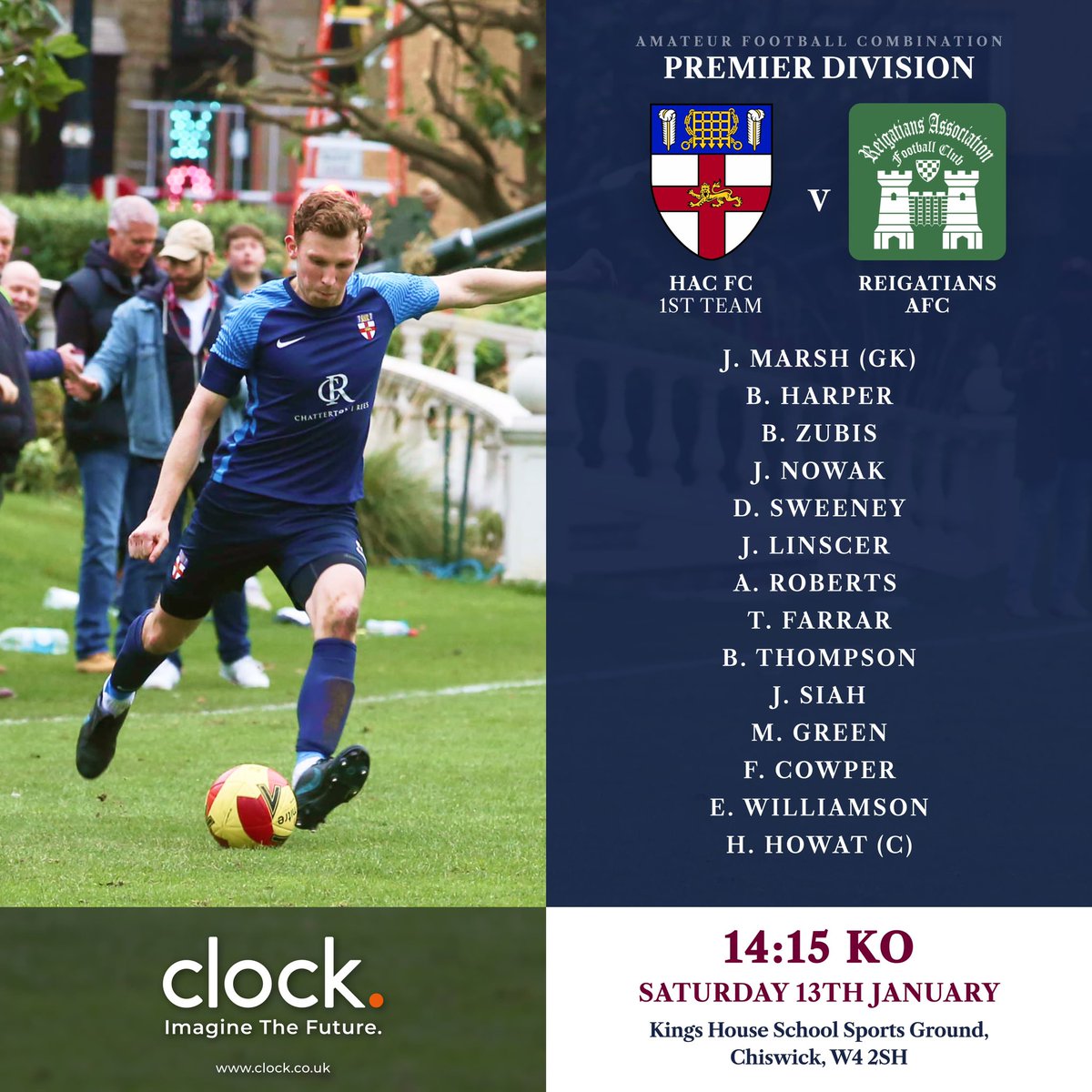After last weekend’s postponement, he 1XI kick off their year against <a href="/Reigatians/">Reigatians AFC</a> in the league at King’s House. 

🏆 AFC Premier Division
⏰ 14:15 KO
📍 Kings House School Sports Ground, Chiswick, W4 2SH

#UTHAC🔵🟣