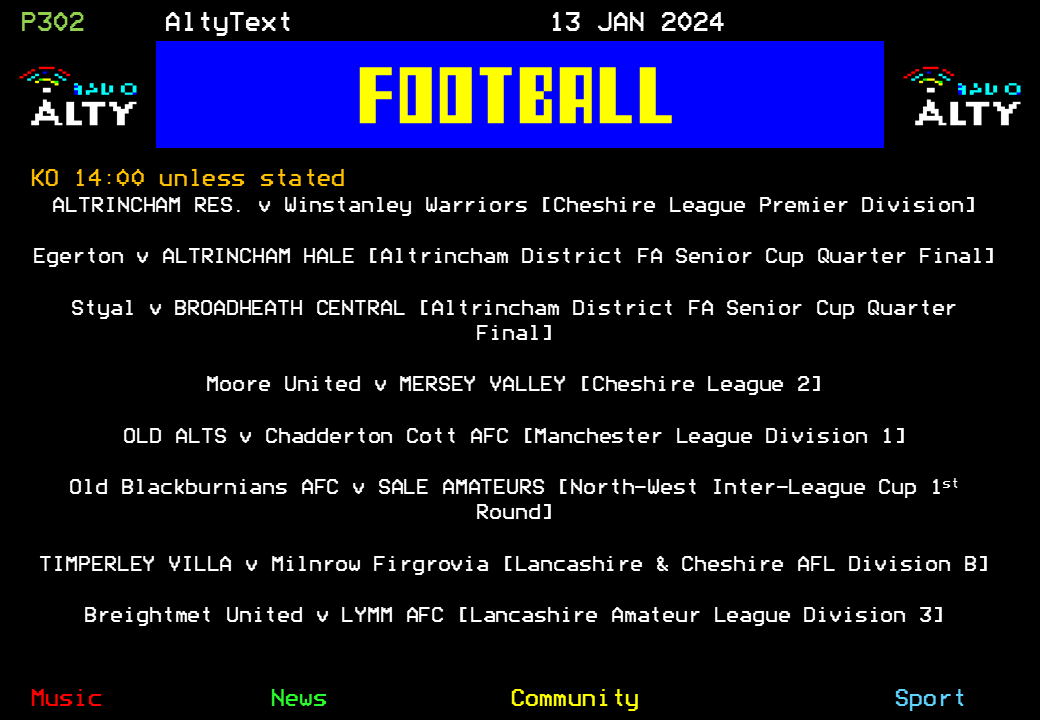 RadioAlty's tweet photo. #AltyText - Football. A full fixture list today, featuring @AltrinchamRes, @AltrinchamHale, @bcfc1922, @MVFC1stTeam, @Old_Alts, @SaleAmateursFC, @TimperleyVilla and @LymmAFC. #RadioAltySport https://t.co/a222CYiLDq