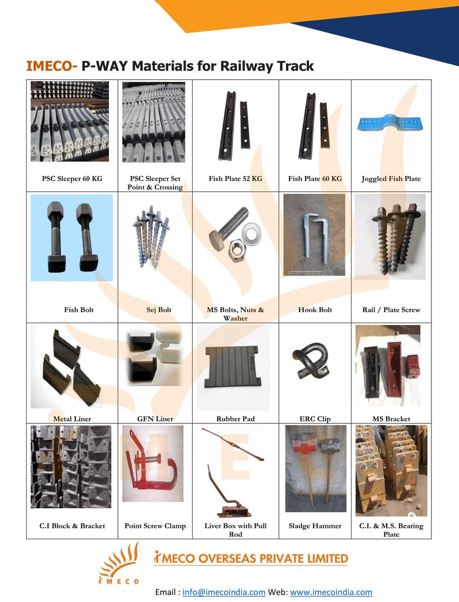 ImecoIndia's tweet photo. IMECOprovides “Turn key Solution” for Railway Track materials and services. Apart from Railway Track Materials, we also offer Trolleys, P-way Tools, Small Track Machine, Railway Bridge Material, Wagon Material, Wooden Scotch Block, etc.

#railtrack #turnkeysolution #spareparts https://t.co/nAj4FiqvS3