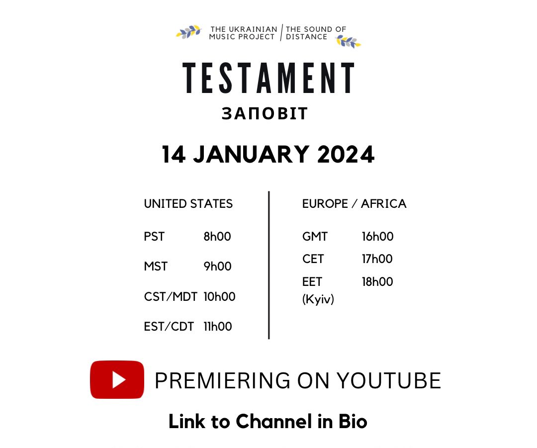 UkrainianMusic2's tweet photo. Join us for the Premiere of Stanley Grill’s Zapovit on 14 January 2024 (Tomorrow!)

Concert Trailer link: https://t.co/06zBOv3HPg

#Ukraine #ClassicalMusic #music #TarasShevchenko #Music #concert #freeconcert #war https://t.co/s1AeLL4W4K