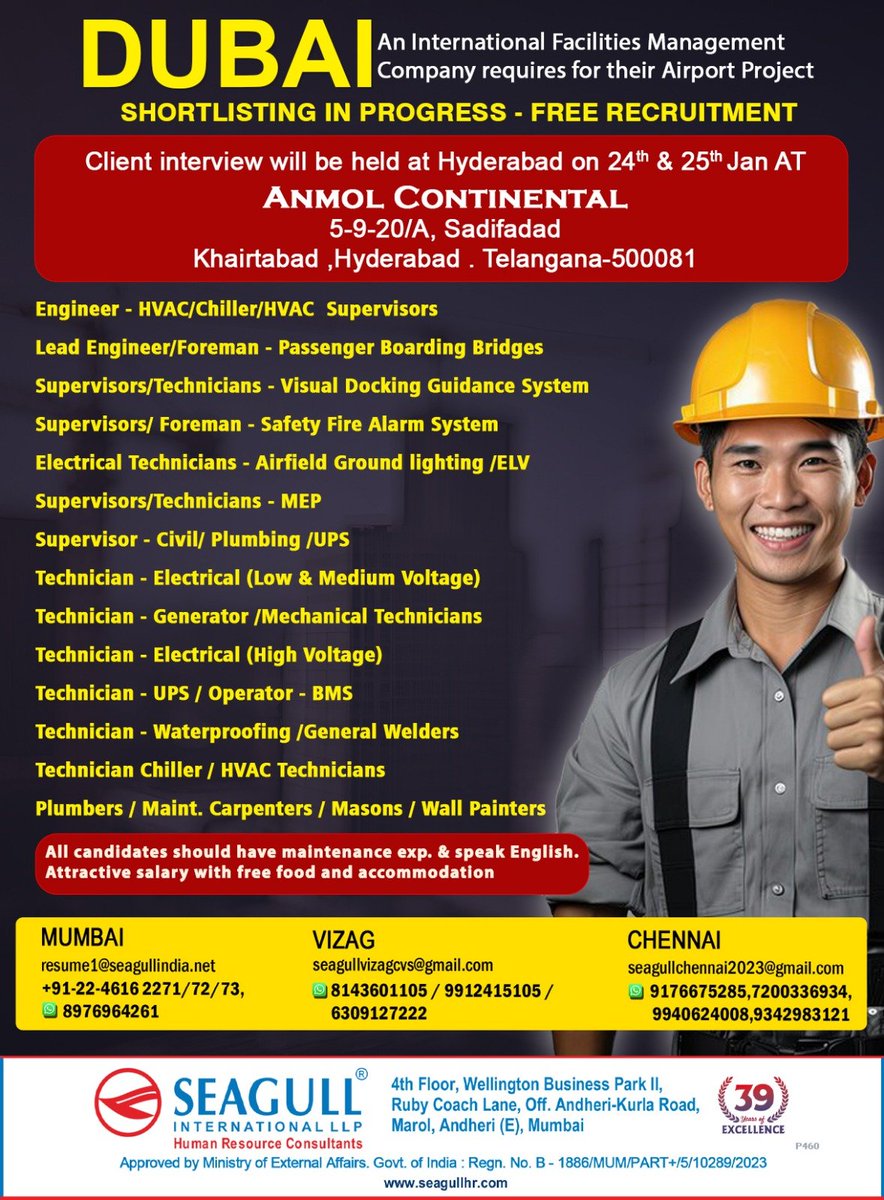 hrd1_seagull's tweet photo. 🇦🇪Dubai Jobs
‼️Free Recruitment
✔️Shortlisting In Progress
📍Client Interview In Hyderabad At Anmol Continental On 24th & 25th January 2024
.
.
.
#uaejobs #seagull #t #hvacengineers #leadengineers # #mepsupervisors #chillertechnicians #mason #painters #plumbers https://t.co/N7iRYVg4Id