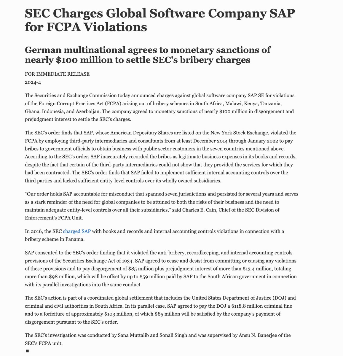 German Software giant SAP has agreed to pay ~$100M in fines to settle charges of paying bribes to win business in Kenya, Tanzania, South Africa, Malawi, Ghana, Indonesia & Azerbaijan. From at least Dec 2014 to Jan 2022, SAP was found to have employed third-party