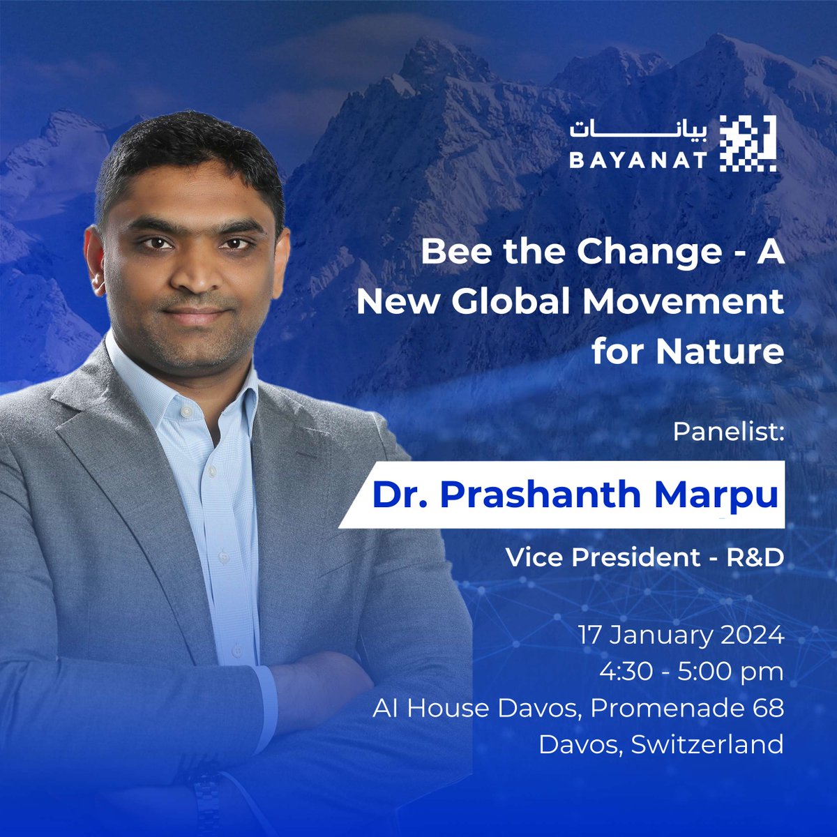 Join us on a journey of change as Dr. Prashanth Reddy Marpu, our VP of R&D, takes part in the 'Bee The Change' panel at #DAVOS 2024. Explore how technology can be harnessed to protect habitats and foster biodiversity.

#AIHouseDavos #Bayanat #G42 #WorldEconomicForum #WEF