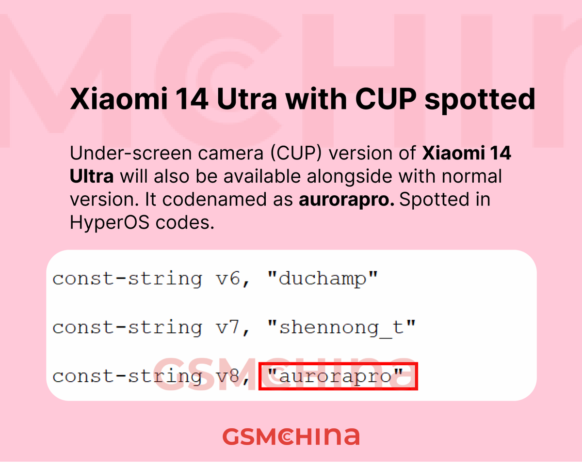 gsmchinacom's tweet photo. Xiaomi 14 Ultra's 2 different versions have been spotted. One of them will have an under-display camera. In recent days, there was rumors about a device called "Xiaomi Suiren". The name Suiren is not available on Xiaomi server and therefore represents "aurorapro".
#Xiaomi14Ultra https://t.co/g3NKppqRep
