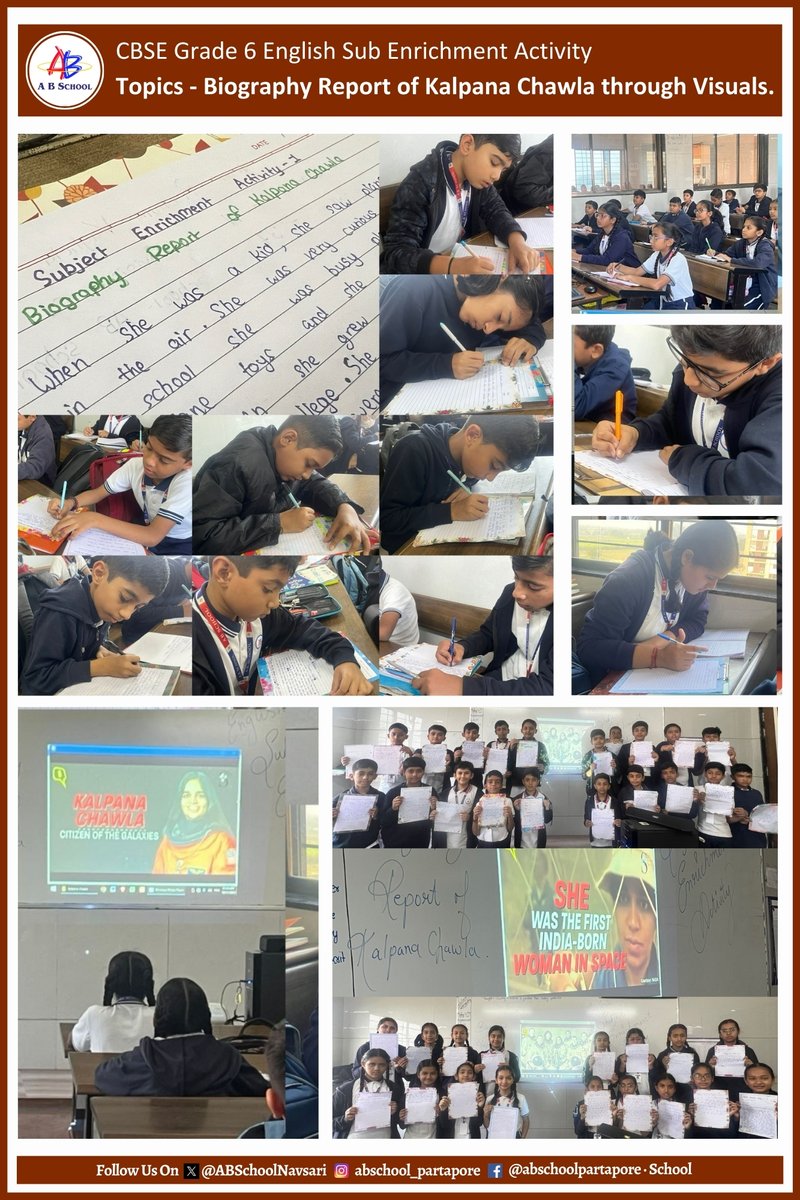 ABSchoolNavsari's tweet photo. CBSE Grade 6 students dive into an exciting Enrichment Activity, exploring the life of Kalpana Chawla through a captivating Biography Report using visuals. #StudentEngagement #BiographyProject #KalpanaChawlaInFocus https://t.co/49car96JOU