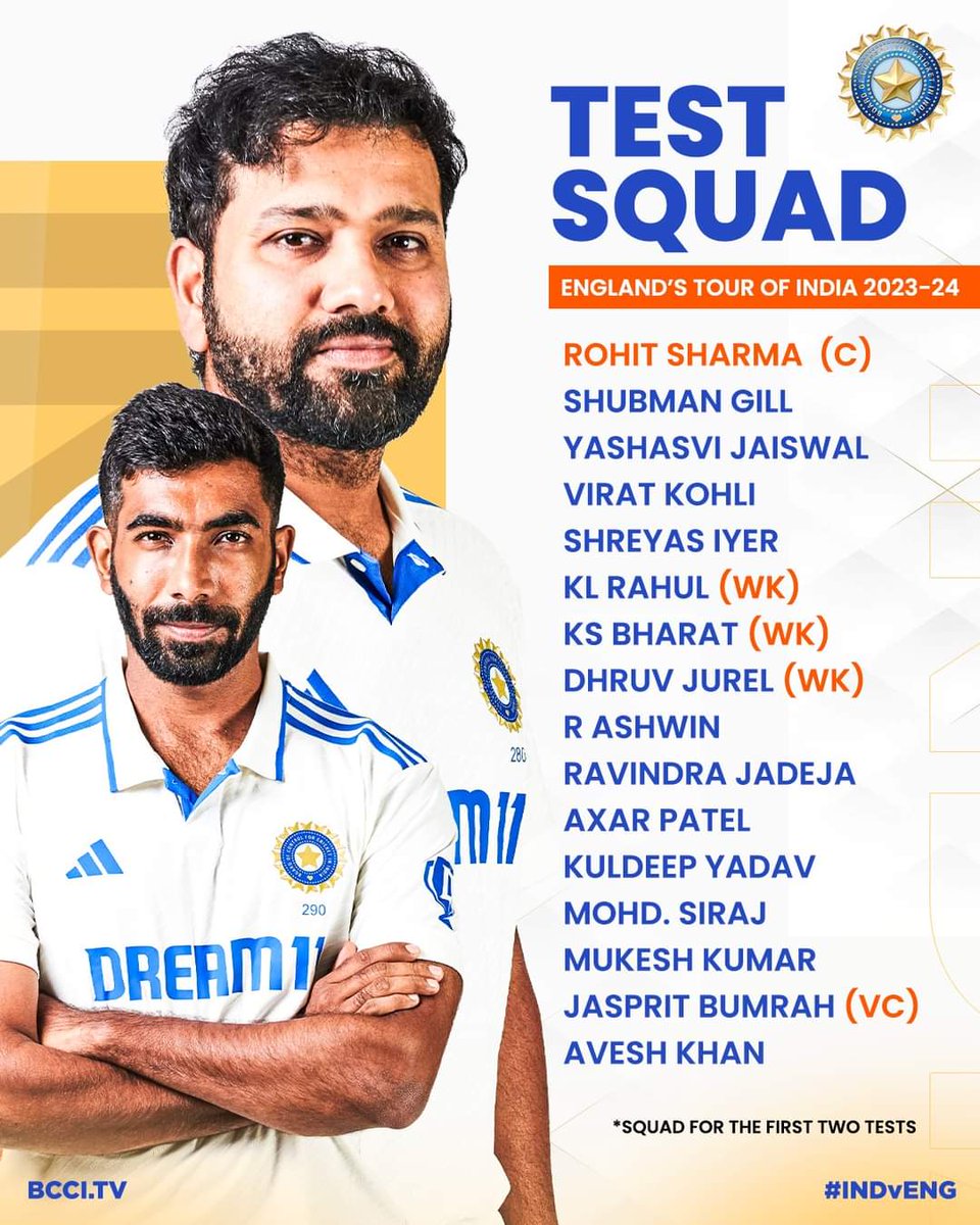 Sheaum's tweet photo. An action-packed Test series coming 🆙

Check out #TeamIndia's squad for the first two Tests against England 👌👌

#INDvENG | IDFC FIRST Bank https://t.co/bjvCIn2zSc